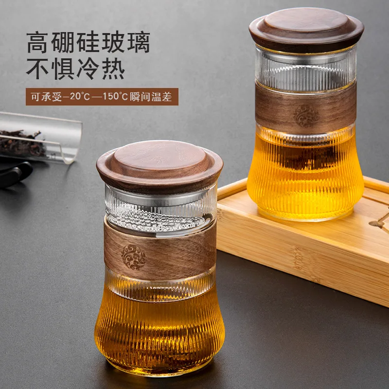 HMLOVE High Boron Silicon Tea Cup Set Ceremony Wood Cover Frosted Glass Transparent Water Bottle With Filter Home Drinkware