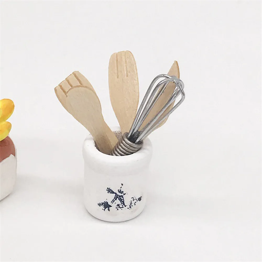 

COMPUDA Wooden Kitchen Fork Metal Whisk Jar Set Dollhouse Miniatures 1:12 Accessories