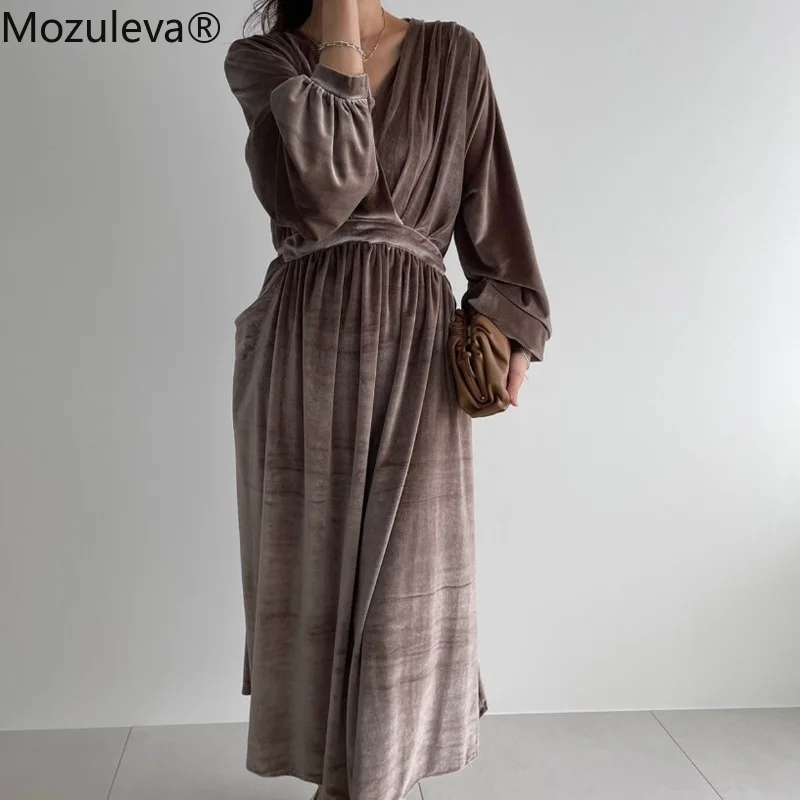 

Mozuleva Chic Korean style Women V neck Solid slim waist A-line Dress 2022 Spring Female Vestidos Belted Full Length Dress