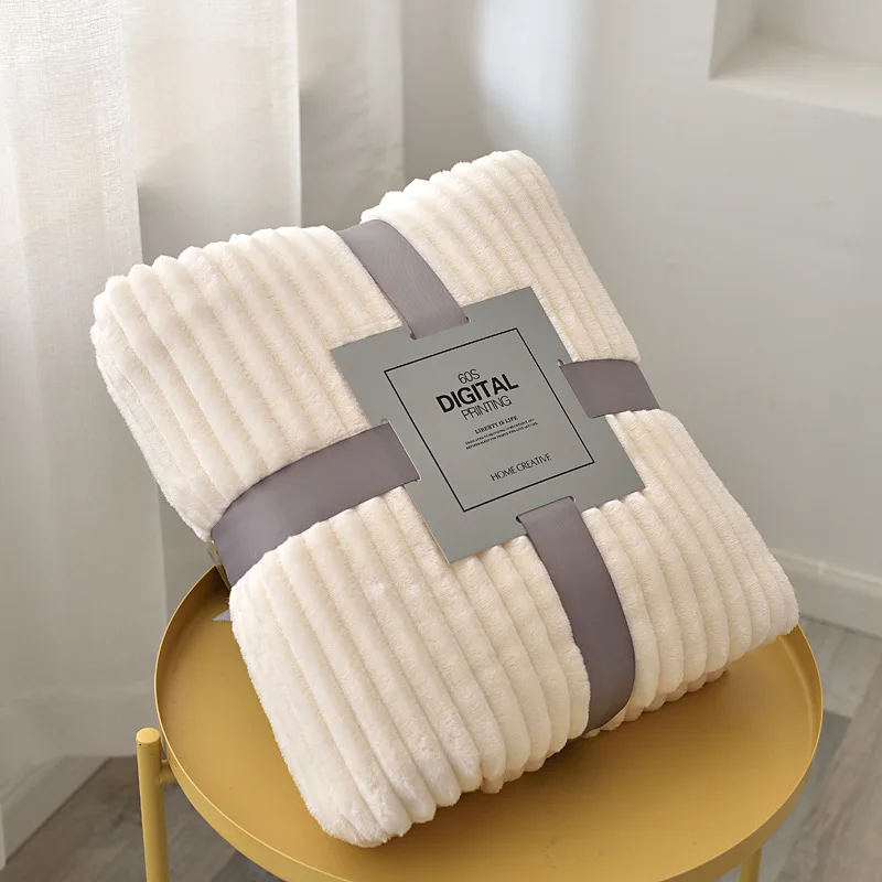 Soft Adult Bed Cover Winter Warm Stitch Fluffy Solid Striped Throw Blanket Flannel Fleece Linen Bedspread for Sofa Bedroom | Дом и сад