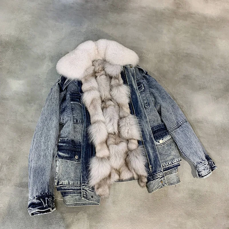 2019 ВИНТАЖНАЯ ДЖИНСОВАЯ парка пальто из натурального меха зимняя куртка для