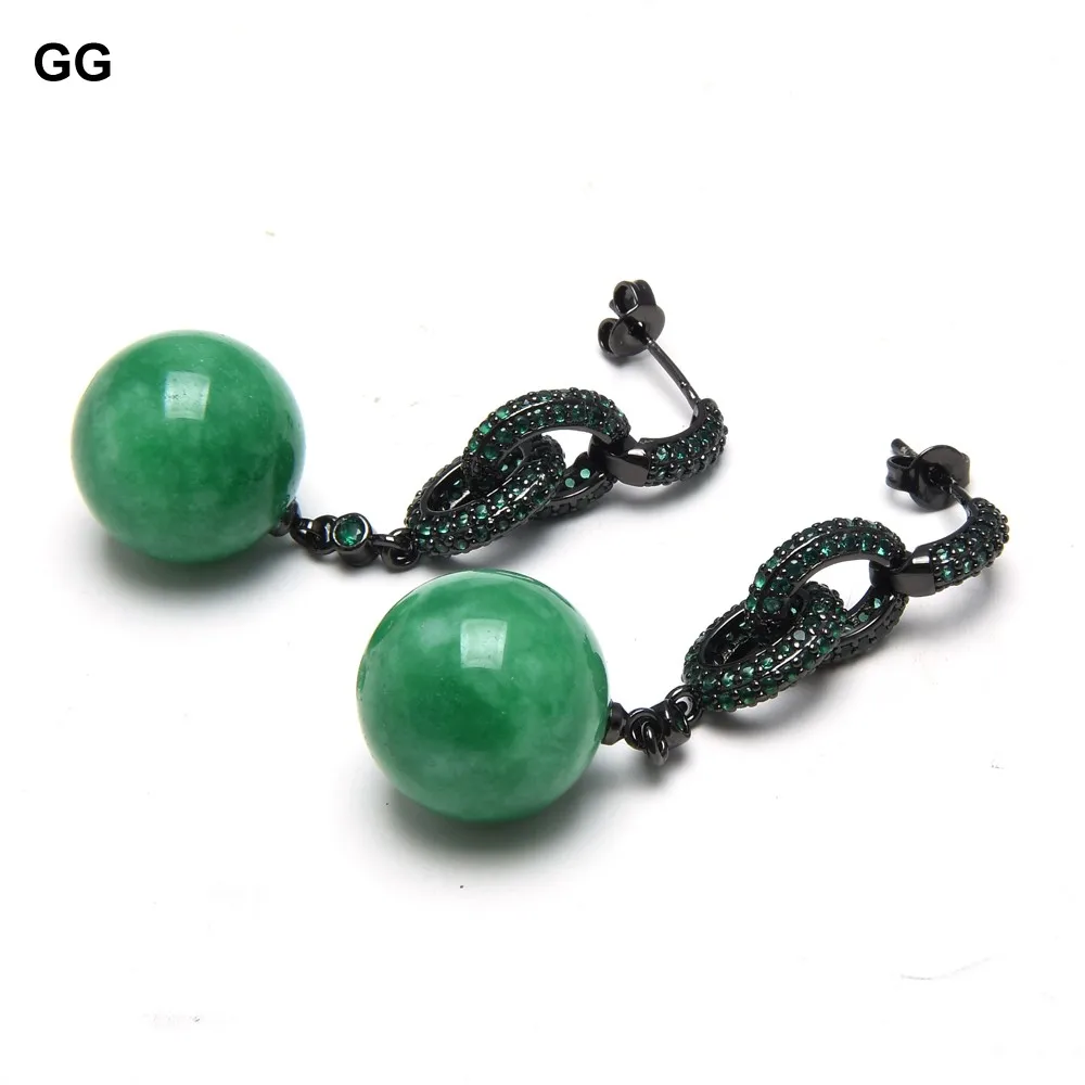

GG Jewelry Genuine Round Green Jades Green CZ Pave Gunmetal Color Plated Loop Stud Earrings Luxulry For Women