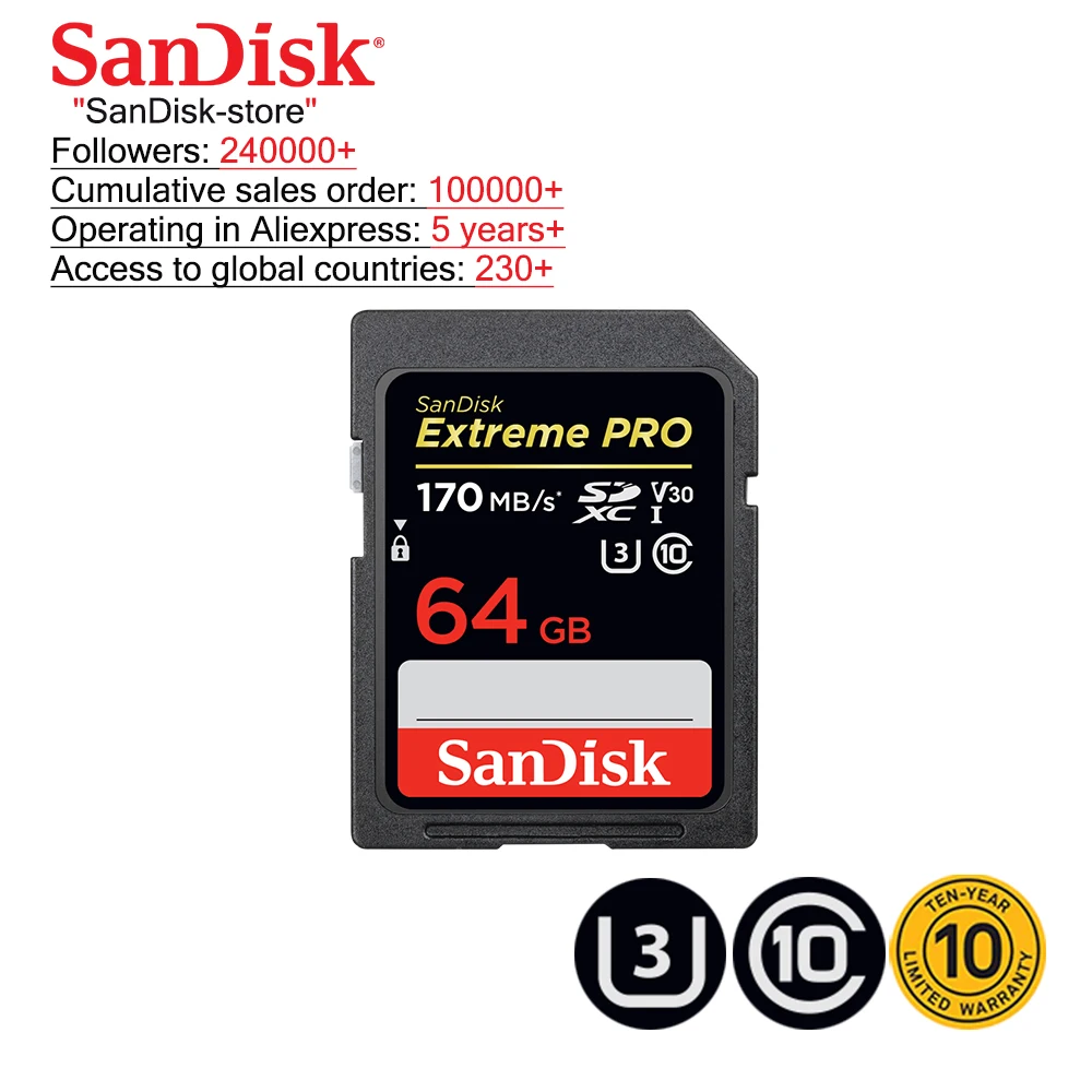 Карта памяти SanDisk Extreme Pro SDHC/SDXC SD карты 32 Гб 64 128 ГБ 256 C10 U3 V30 UHS-I cartao de для Камера |