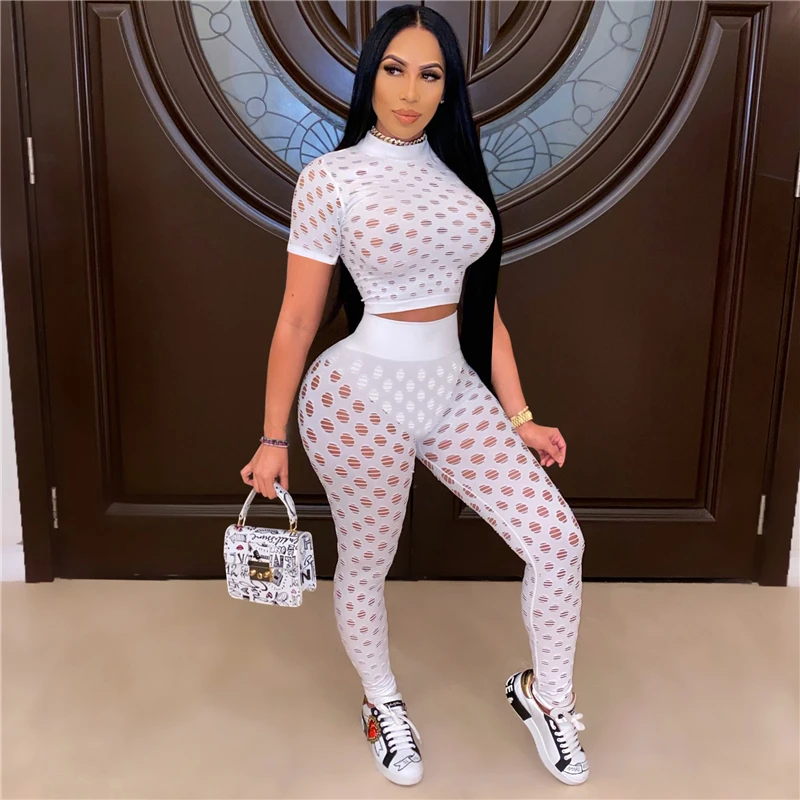 

Zoctuo Mesh Hollow Out Pant Sets For Women Solid Black Short Sleeve O Neck Trouser Set Summer Fashion Slim CasualTwoPieceSet