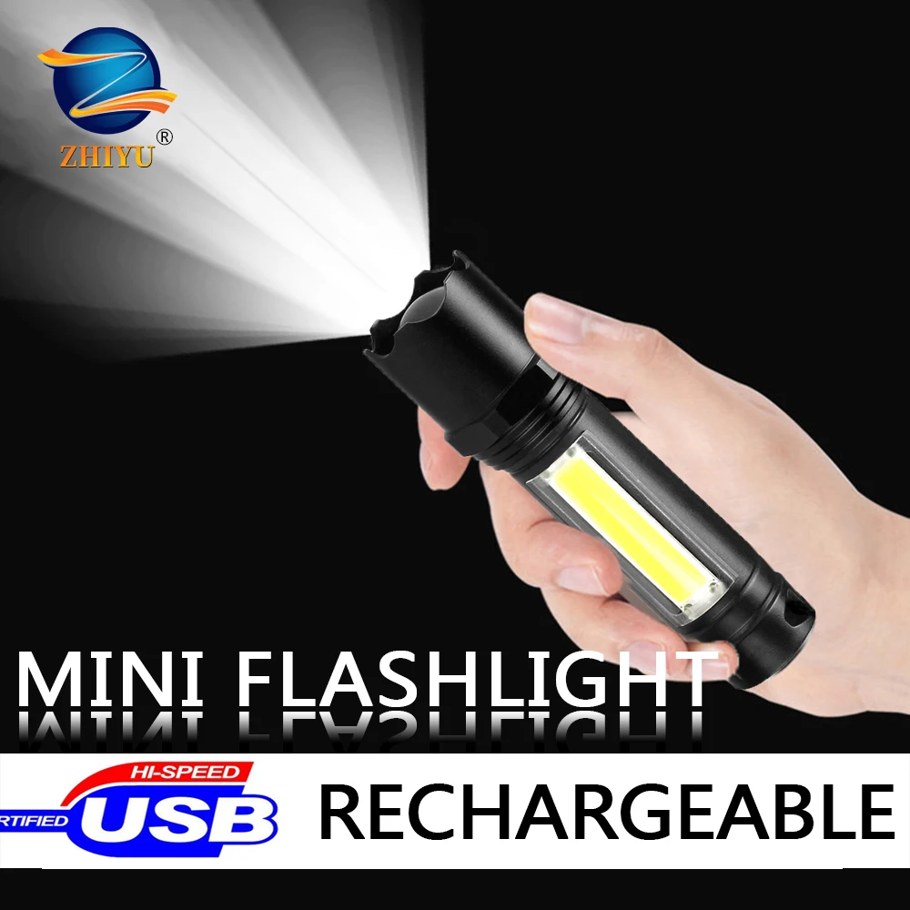 

ZHIYU Mini Rechargeable LED Flashlight Portable Camping COB Working Lights 3 Modes Zoom Lamp USB Waterproof Tactical Flash Light