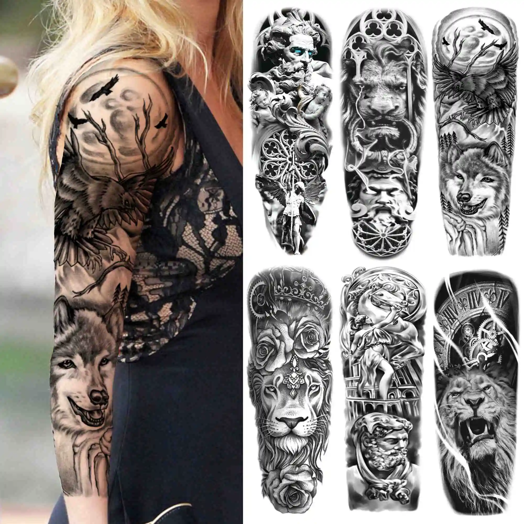 

Реалистичные временные татуировки с волчьим лесом для женщин и мужчин, тату-наклейки с искусственными цветами льва, черные пикантные татуи...
