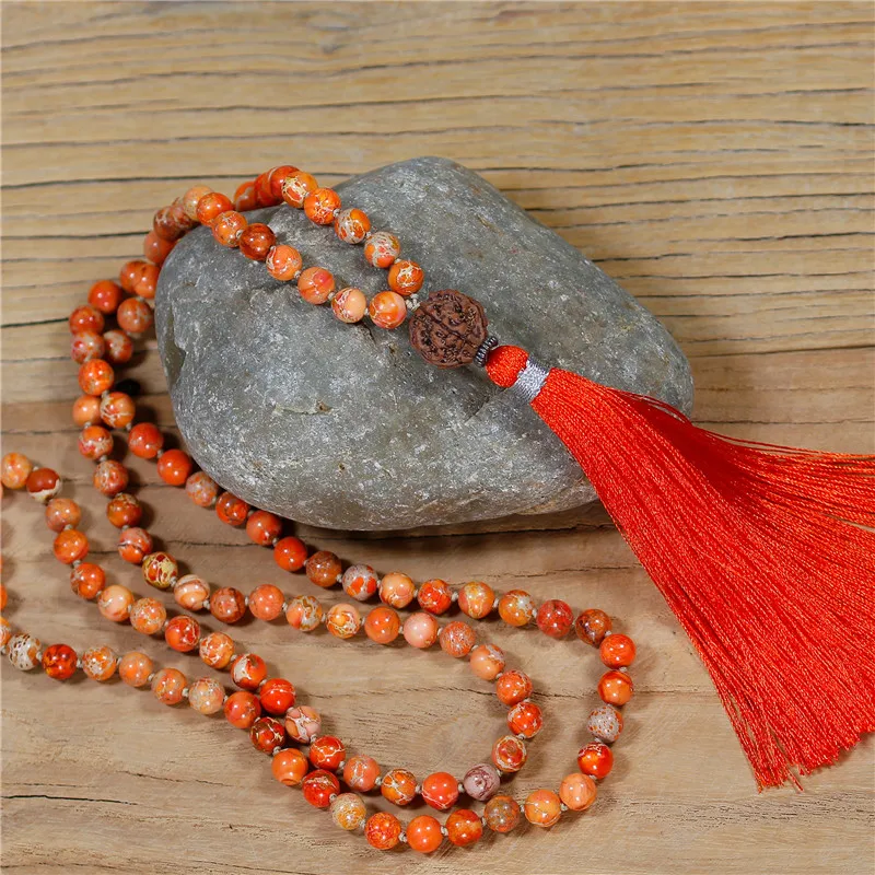 

Natural Stone Beaded 108 Mala Necklace Yoga Meditation Necklace Long Tassel Knotted Necklace Handmade Jewelry Dropshipping