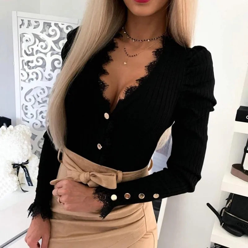 

Women's Knited Blouse Tight Basic Shirt Autumn And Winter 2021 Fashion Sexy Lace Long Sleeve V Neck Shirts Casual Blouse Mujer