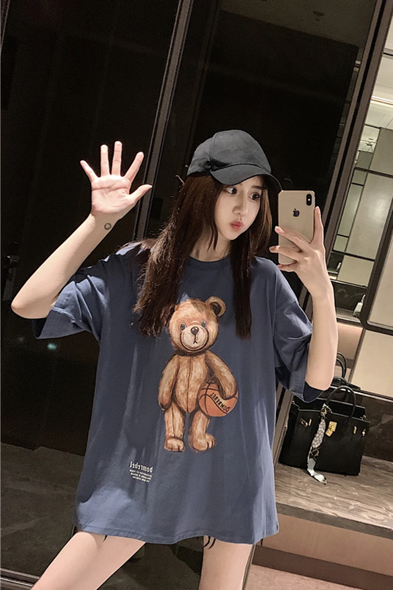 

Since 2021 women's wear the new blue hip-hop bear T-shirt printing quality modal loose fashion trends