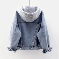 blue deconstructable hooded turn down collar denim jacket women loose button patchwork outwear large size jean coat female