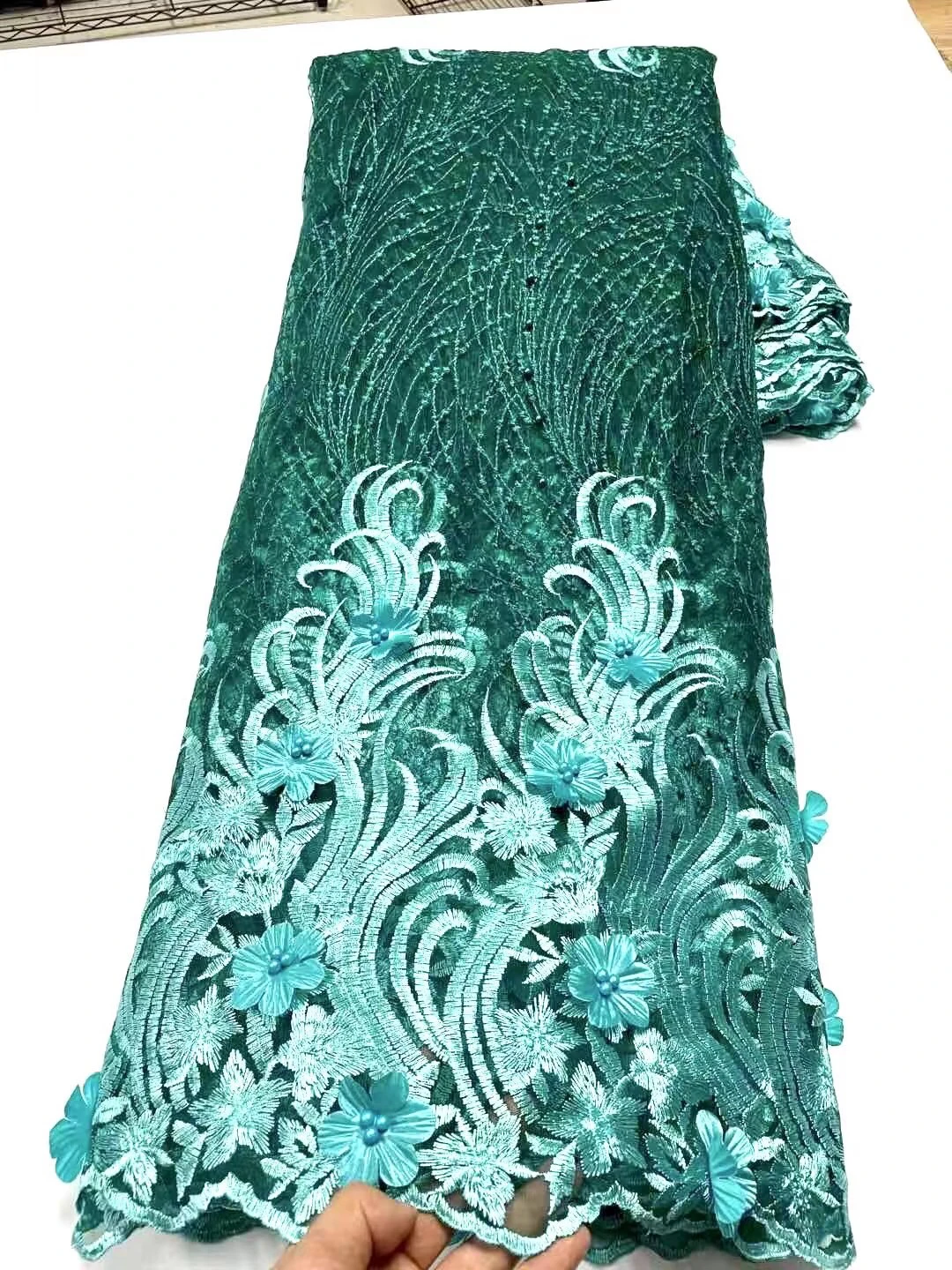 

Green African Lace Fabric With Beads 2021 High Quality 3D Flowers Mesh Tulle Lace Swiss Lace Fabric For Wedding Party KSY21119