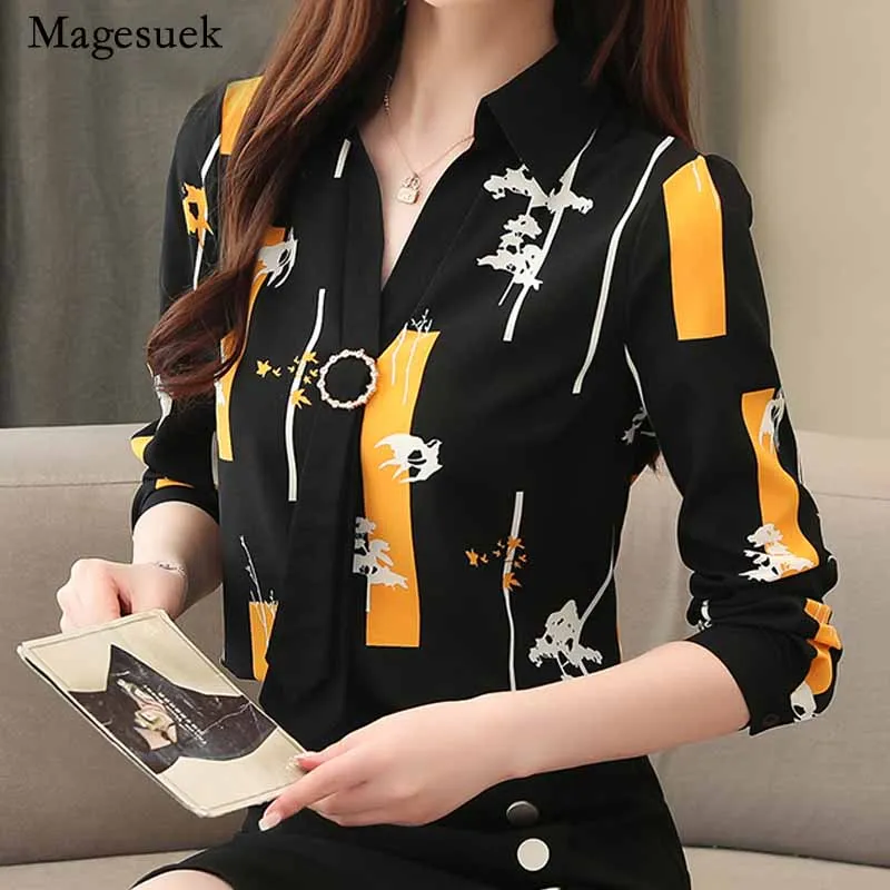 

Fashion Plus Size Lapel Tops 2020 Spring Long Sleeve Print Office Lady Shirt Elegant Loose Women Tops and Blouse Blusas 8087 50