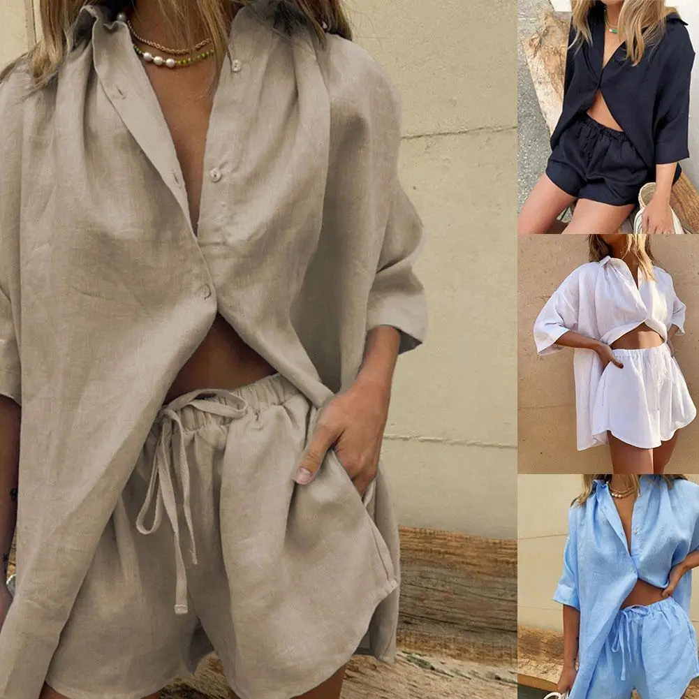 

Summer Ladies Casual Suit Blouse Shorts Set Soft Cotton Waist Vintage Oversized Boho For Party Holiday Shorts Loose High Sh J3g1