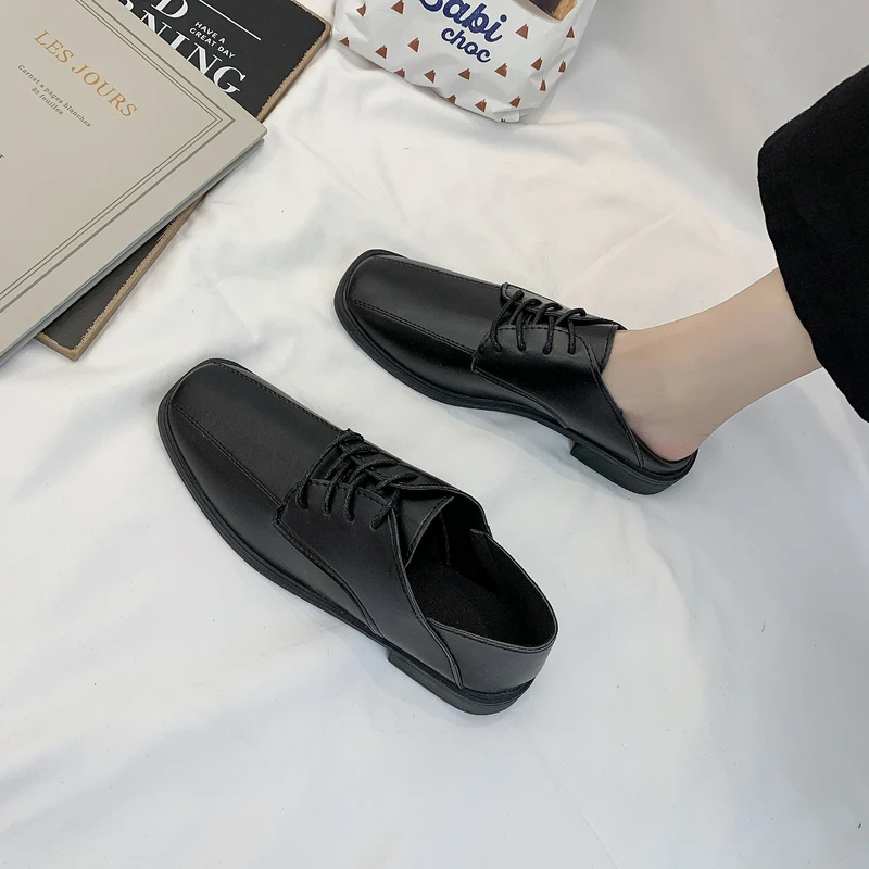 

Square Toe Womens Derby Shoes Soft Female Footwear British Style Low Heels Slip-on Autumn Casual Sneaker Loafers With Fur Leathe