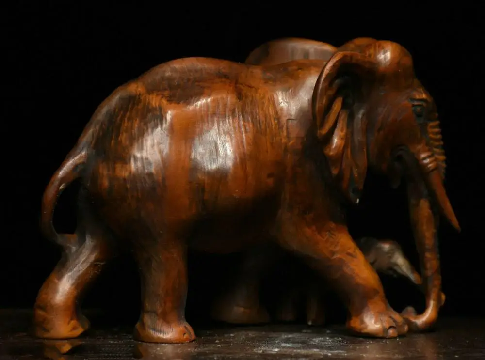 

wedding decoration Old Chinese Feng Shui Boxwood Wood Carved Elepehant elephants Statue Sculpture