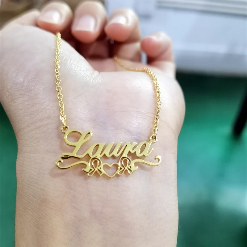 

Custom Anti-cancer Ribbon Name Necklace Healthy Jewelry Stainless Steel Personalized Nameplate Choker Necklaces For Patient