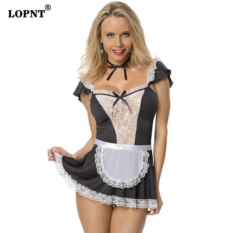 

LOPNT Sexy Costume Maid Dress Uniform Lace See-Through Square Collar Erotic Lingerie Women Role Play Lolita 3-Piece Set Cosplay
