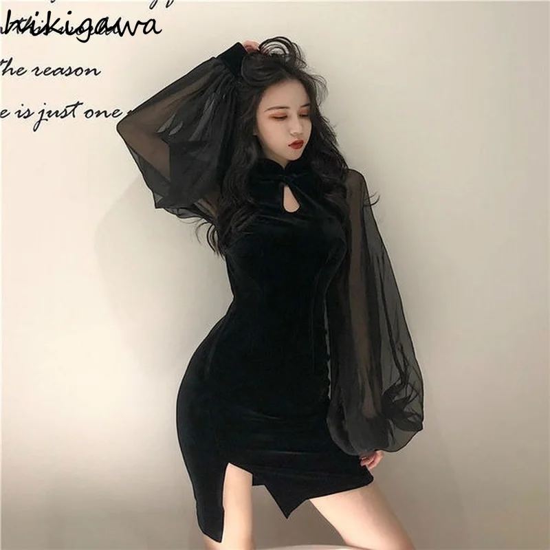 

Hikigawa 2021 Women Fashion Clothing Black Dress Hollow Out Slim Sexy Mini Dresses for Female Femme Robe Vintage Japan Vestidos