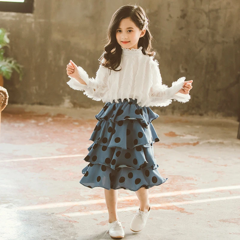 Модная детская одежда топ с бахромой для девочек рубашка + юбка в горошек