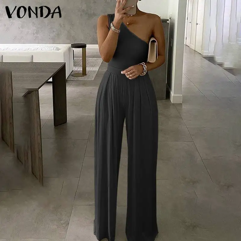 

VONDA Women Long Jumpsuits Summer Party Palazzo Pants Femme Solid Pantalones Sexy Sleeveless One Shoulder OL Style Overalls