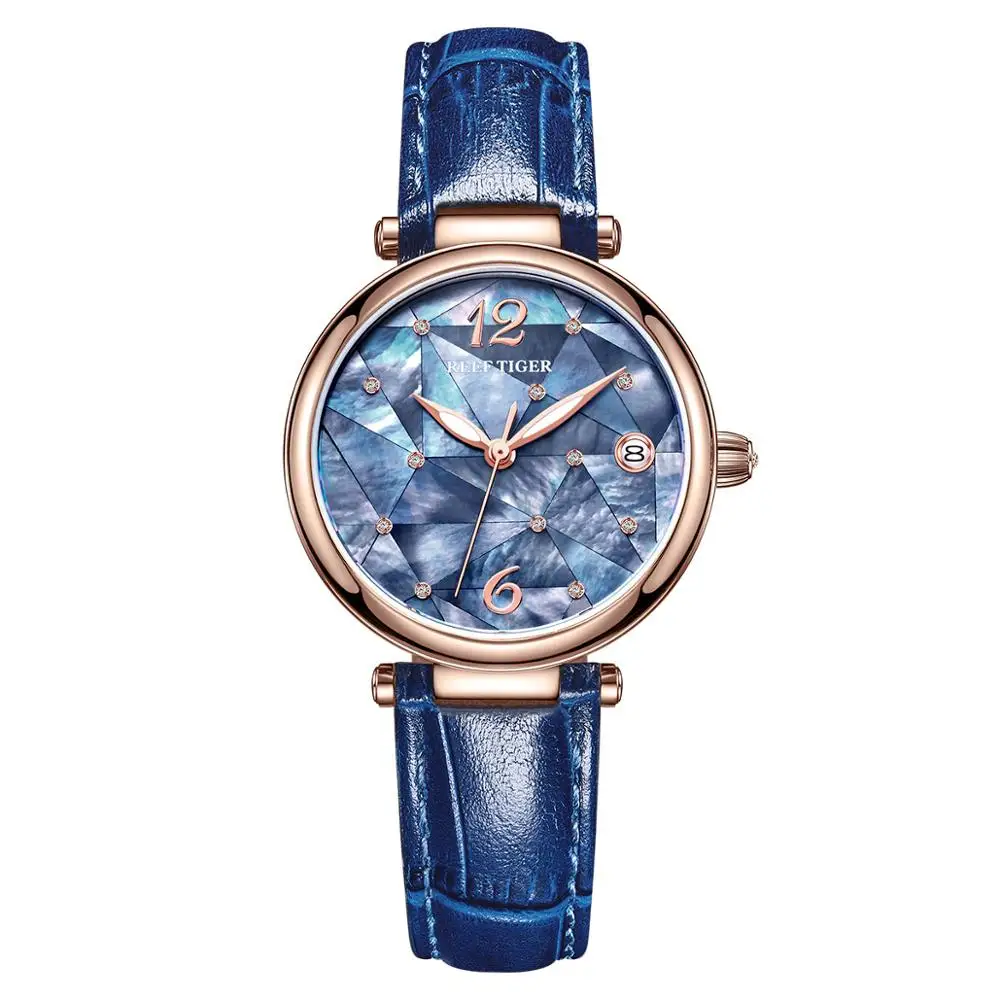 Reef Tiger/RT New Design Luxury 316L Steel Blue Dial Automatic Watches Women Genuine Leather Strap Watches RGA1584