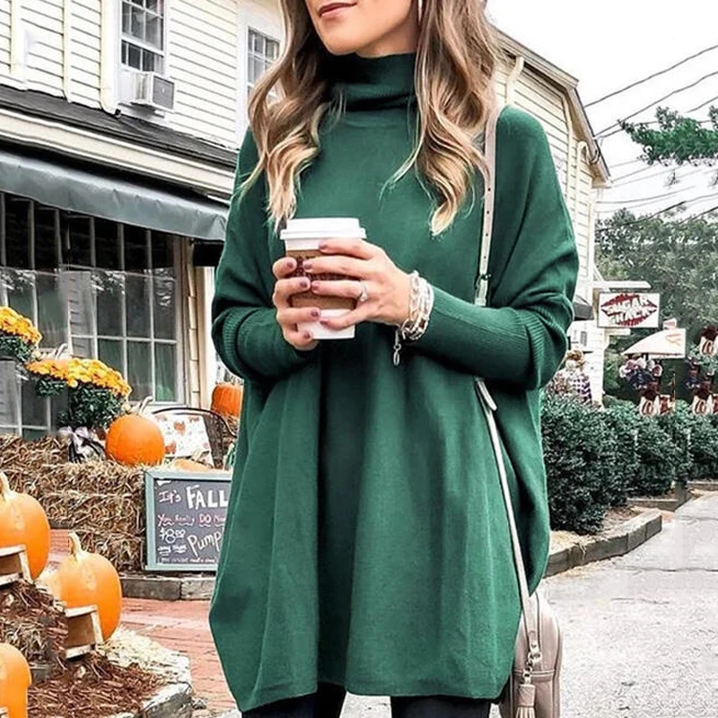 

Solid Knitted Turtleneck Mini Dress Stylish Long Sleeve Pullover Sweater For Women J55