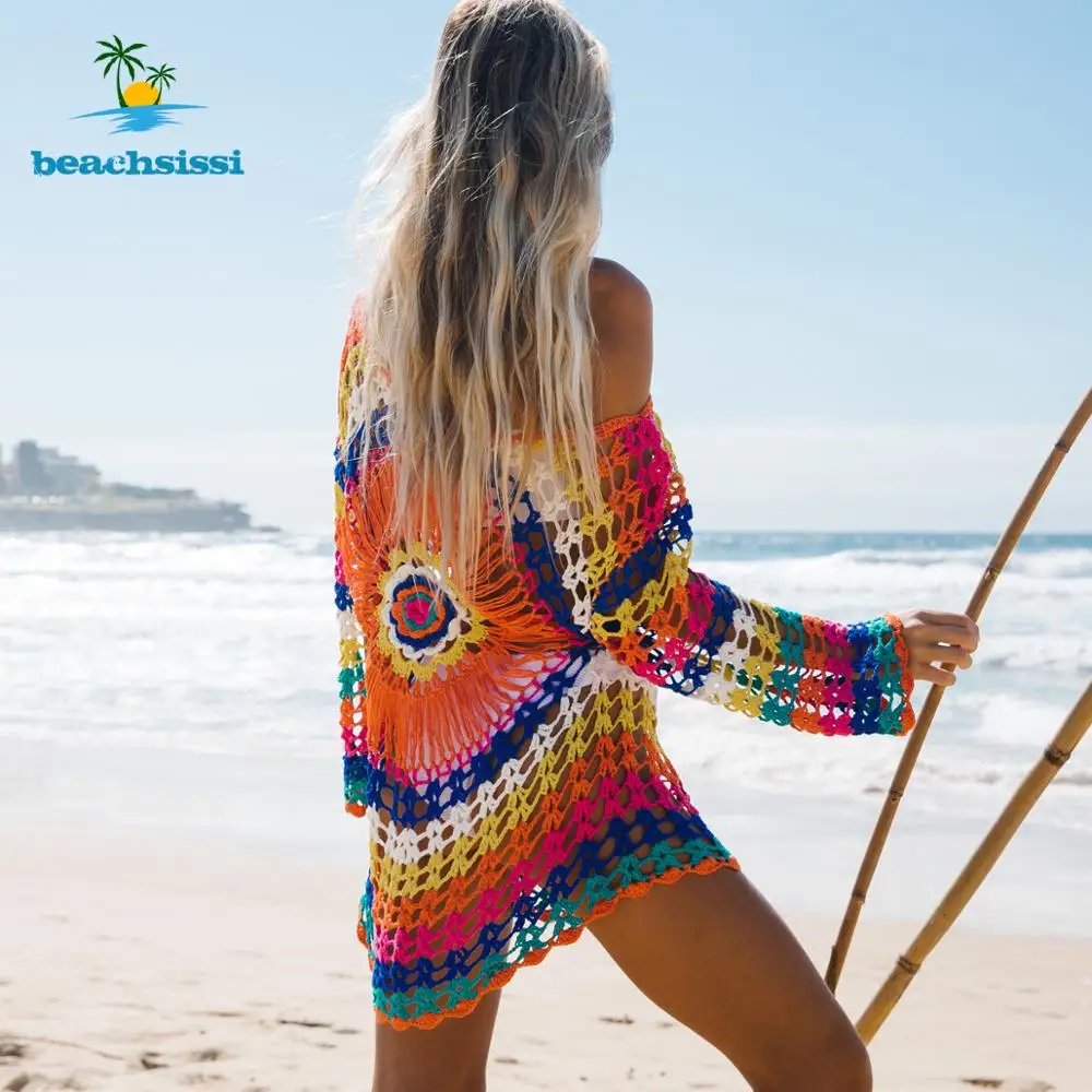 beachsissi colorful knitted cover up bikini women swimsuit lace up kimono 2021 beach dress bathing suit beachwear tunic robe free global shipping