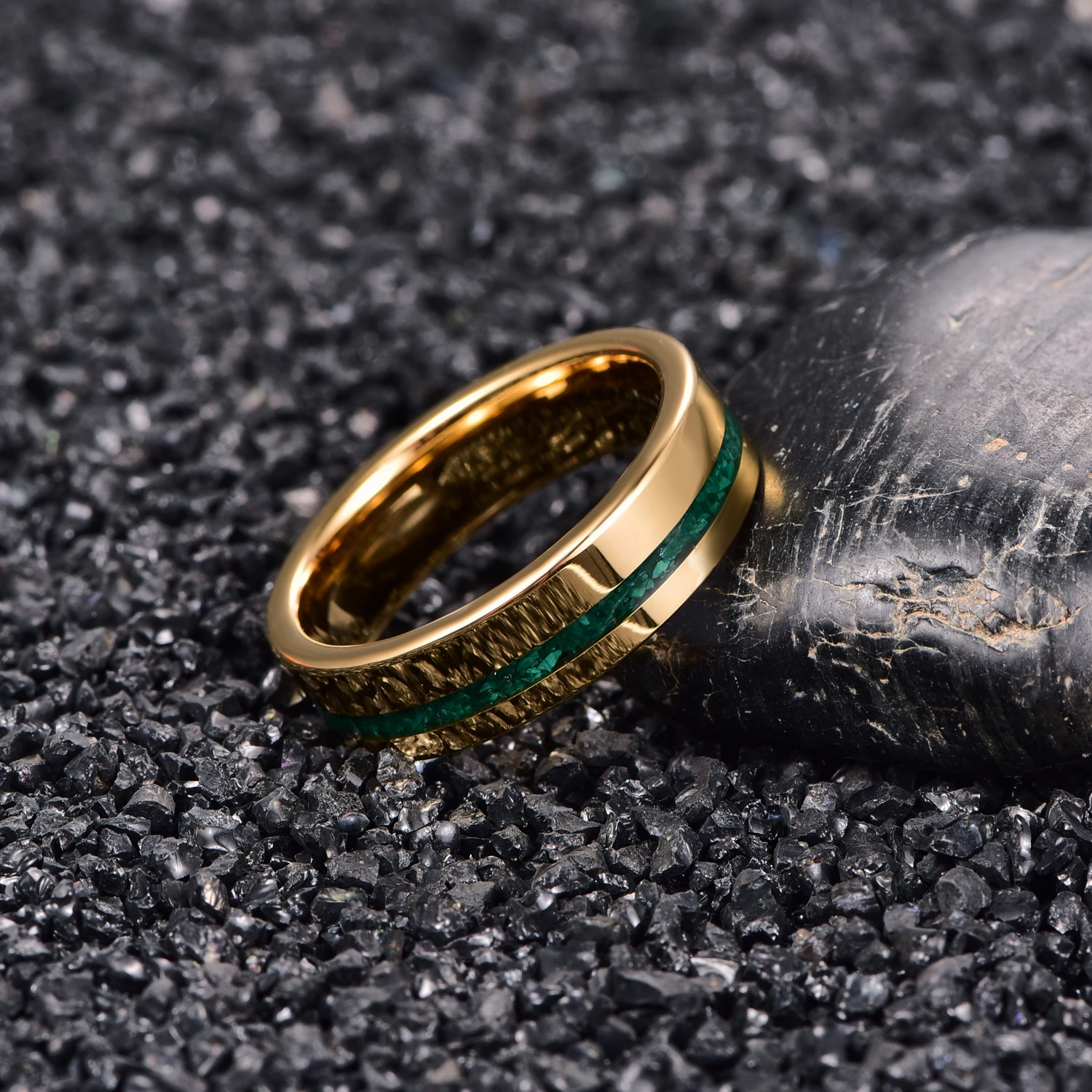 

6mm Gold Color Polished Inlaid Malachite Tungsten Steel Ring For Men Groove Carbon Engagement Rings