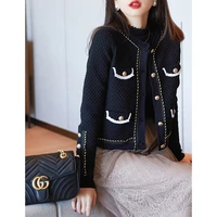 french style short women cardigan knitted grid women buttons fashion coat outwear female tops blouse elegant sweater o neck 2021