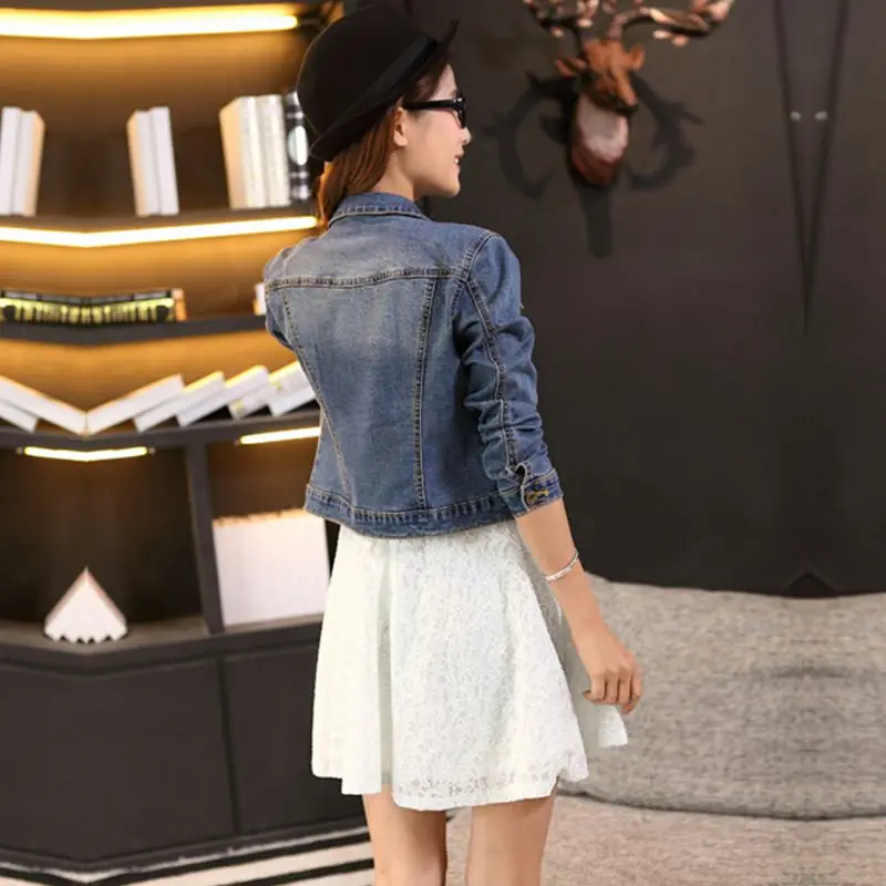 

Ladies Solid Color Long Sleeve Lapel Collar Jacket Slim Short Casual Denim Coat Tops Blue