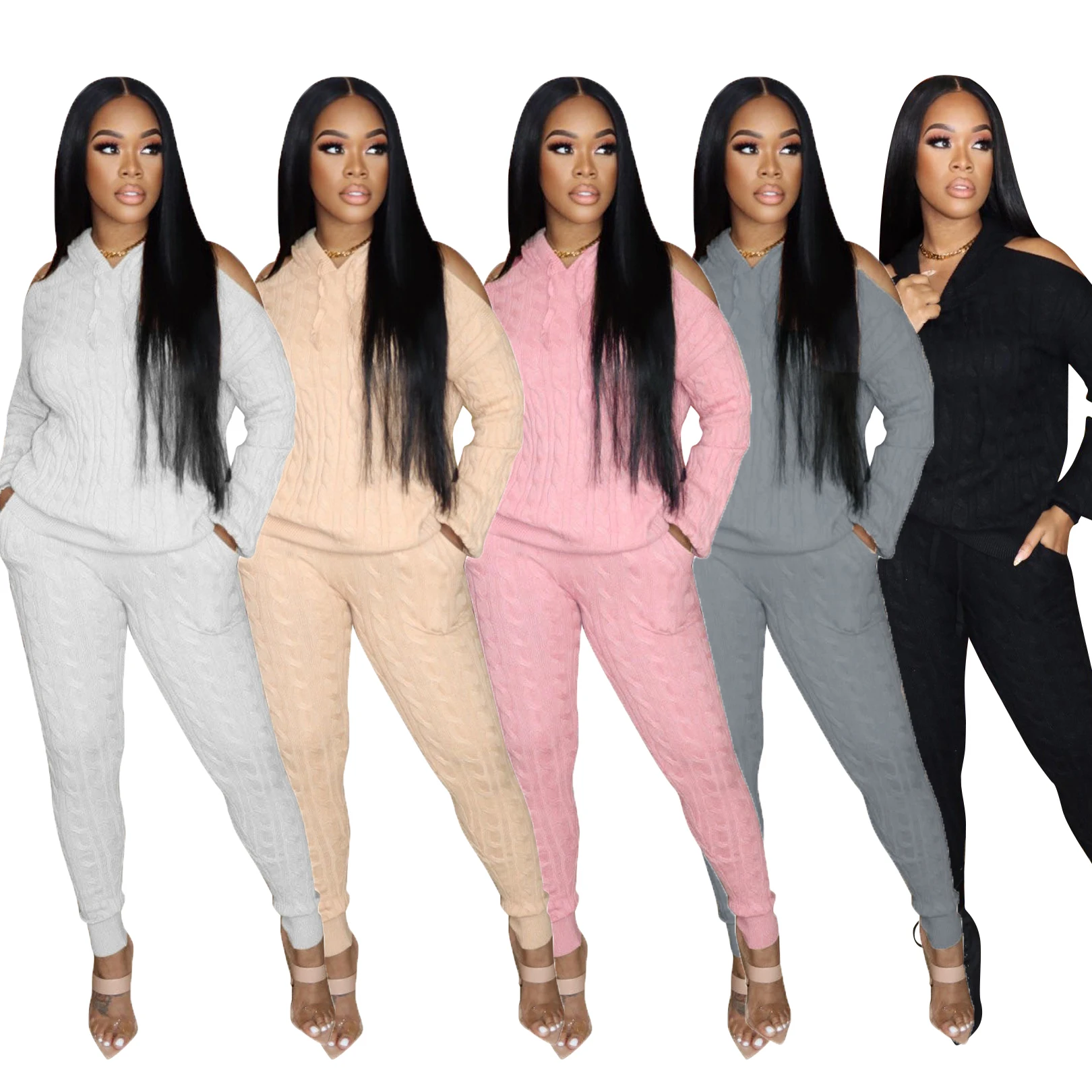 

Autumn Winter Women Knitted Women Sweater Backless Hoodie Tops + Elastic Waist Pant Knitted Suit Women Two Piece Outfits