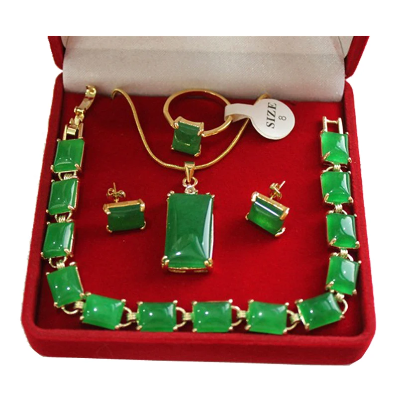 

Vintage Green Nactural Stone Pendant Necklace Stud Earrings Bracelet Ring Set Square Gold Color Jewelry Sets Fashion Women Gifts