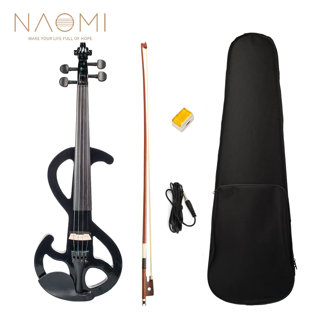 NAOMI Full Size 4/4 Solid Wood Electric Silent Violin Fiddle Solid Wood Fingerboard Pegs Chin Rest Tailpiece Black SET