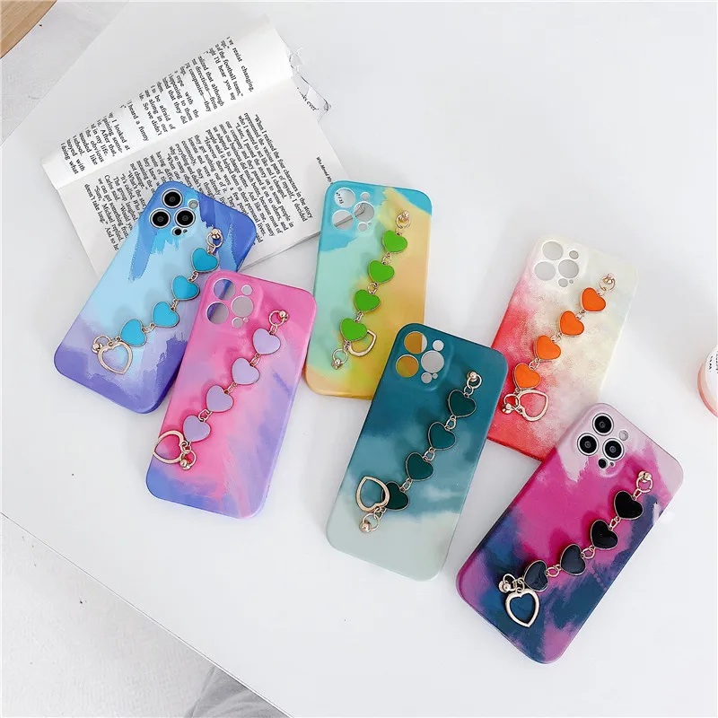 

Fashion Watercolor Love Heart Bracelet Phone Case For IPhone 11 12 Pro XS Max X XR 7 8 Plus 12 Mini SE Design Chain Wrist Cover