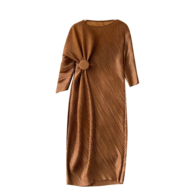 

2021 New Spring Fashion Temperament Retro Vestidos Female Round Neck Pleated Slim Midi Dress GL376