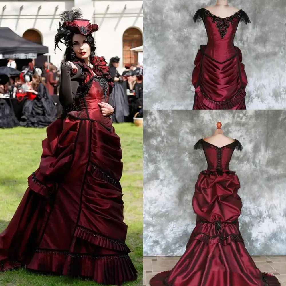 

Vintage Burgundy Gothic Victorian Bustle Prom Dresses 2021 Beaded Corset Hollywood Masquerade Dress Long Ruched Evening Gowns