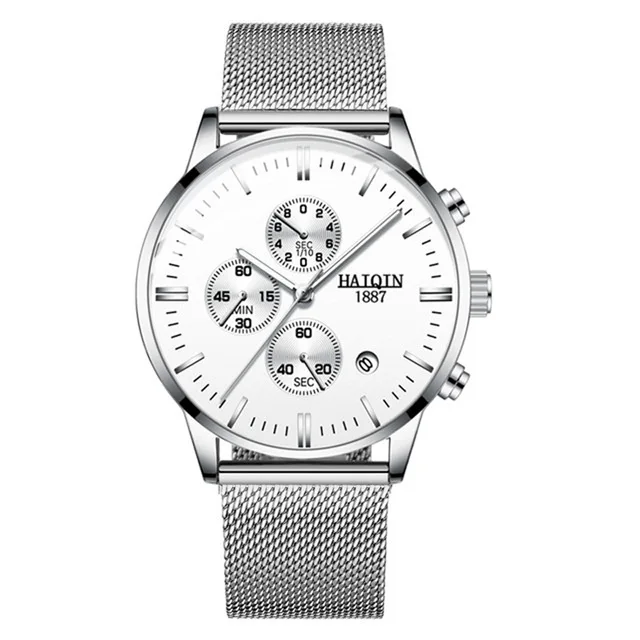 silver white Новинка HAIQIN Модные кварцевые мужские часы лучший бренд класса люкс военные спортивные часы мужские наручные часы с сетчатым ремешком Relogio Masculino - Цвет: silver white