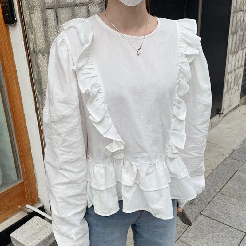 

Early Autumn New Korean Age-reducing Blouse Female Round Neck Wooden Ear Loose Blusa Wild Puff Sleeve Shirt DK1291