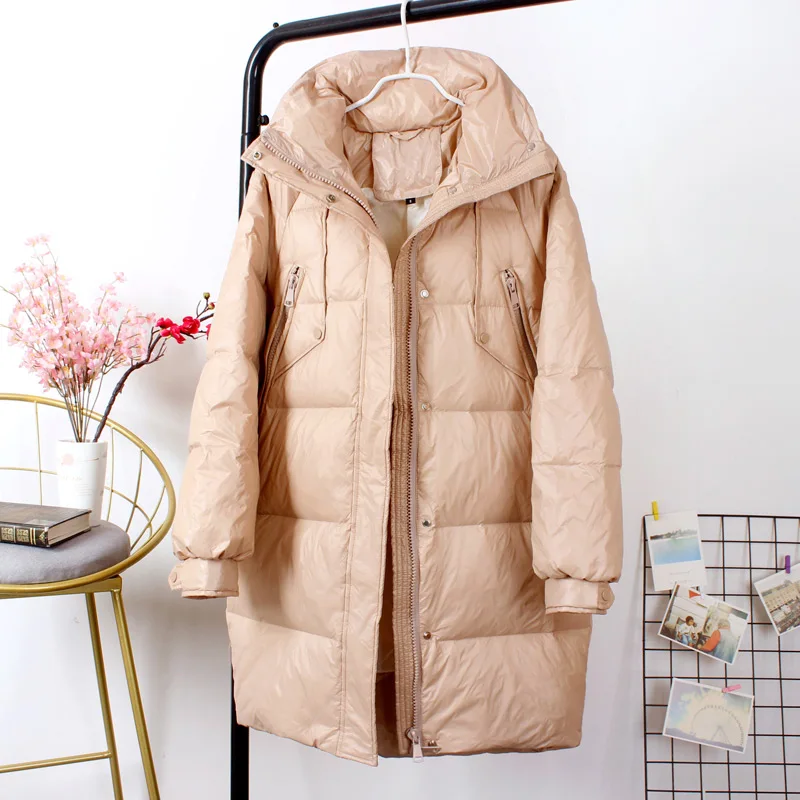 Новая зимняя Осенняя длинная белая куртка на утином пуху с воротником-стойкой