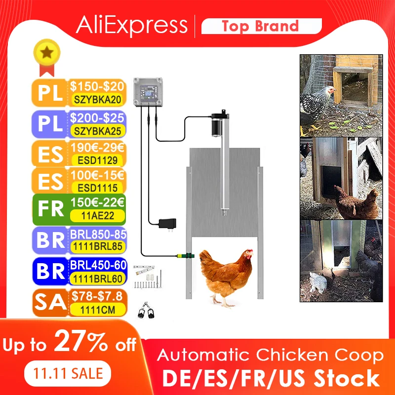 

EU Stock 110V-220V Automatic Chicken Coop Door Opener Kit with Infrared Sensor,Rainproof Outdoor Timer Controller Actuator Motor