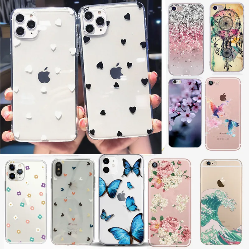 

For funda iphone 7 Cases Thin Soft Silicone Transparent Butterfly Clear Floral Case for iPhone 5 5S SE 6 6S X XS 7 8 8Plus Cover