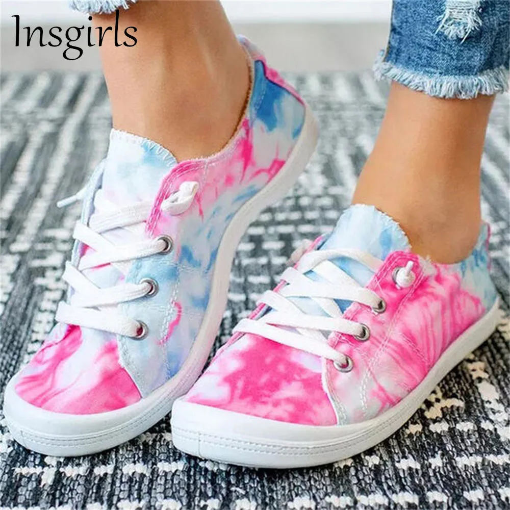 

Autumn Canvas Shoes Women 2021 Fashion Colorful Tie Dye Ladies Low Top Lace Up Sneakers 35-43 Large-Sized Female Casual Flats