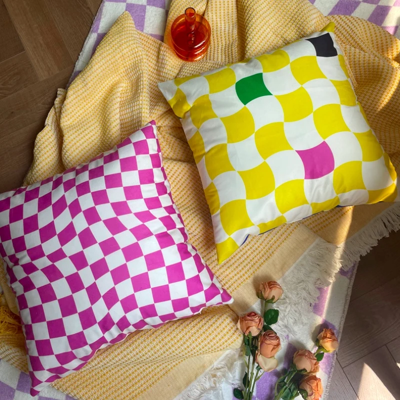 

DUNXDECO, популярный модный чехол для подушки, декоративный чехол для подушки, Современная зеленая шахматная доска, фиолетовая короткая кисть д...