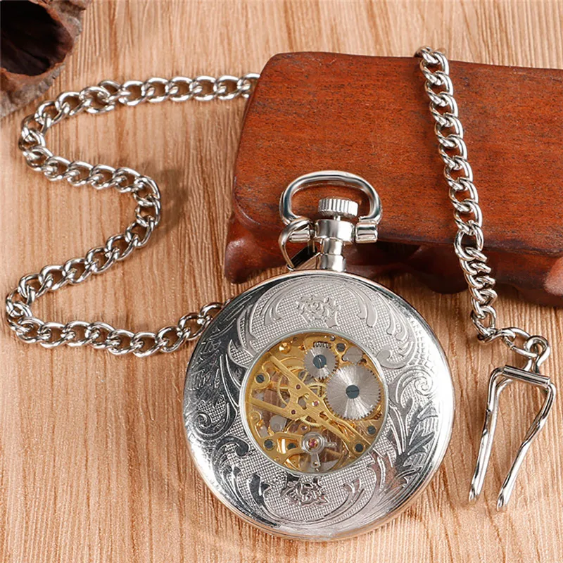 Silver Antique Watch Men Women Skeleton Handwinding Mechanical Pocket Watches Roman Number Dial 30Cm Fob Chain Relogio De Bolso