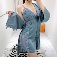 lougne nightdress satin sleepwear intimate lingerie summer twinset robe set sexy women lace short kimono gown casual bath gown