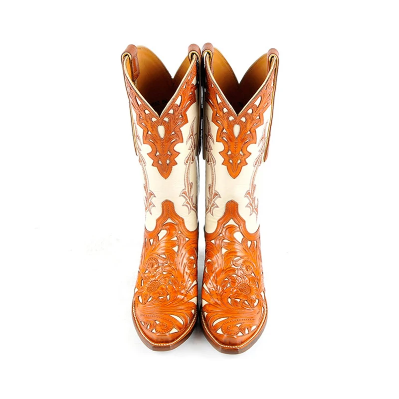 Prowow women western cowboy boots genuine leather designer handmade fretwork patchwork high heels corral mid-calf ladies | Обувь