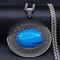 bohemia blue stone stainless steel chain necklaces silver color big pendant necklace jewelry collar acero inoxidable n3607s04