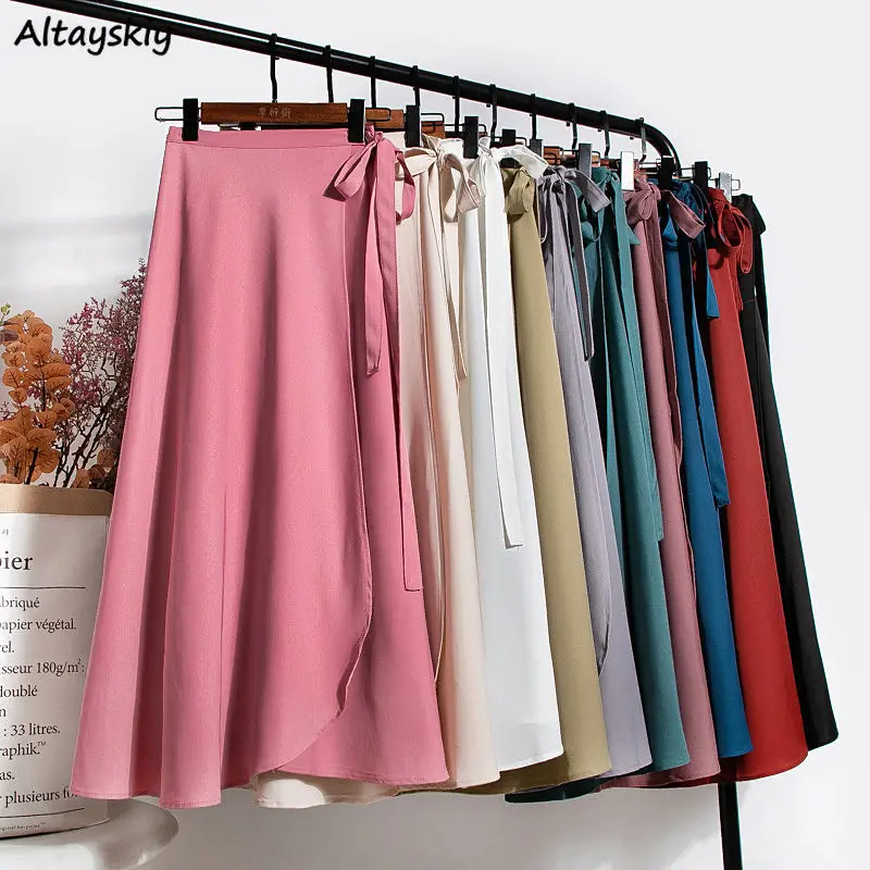 Skirts Women Tender Charm Daily Pure Chiffon Ulzzang Side-slit College Elegant Simple Clothing Summer Leisure Artistic Lace-Up
