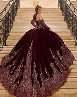 burgundy 2021 ball gown velvet quinceanera dresses bridal gowns sweetheart long sleeve sweet 16 dress vestidos de noiva
