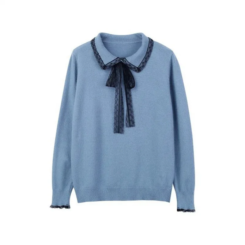 

Women's sweater bowknot 2020 autumn and winter new lapel knitted top black pink fashion clothes elegant female sweate